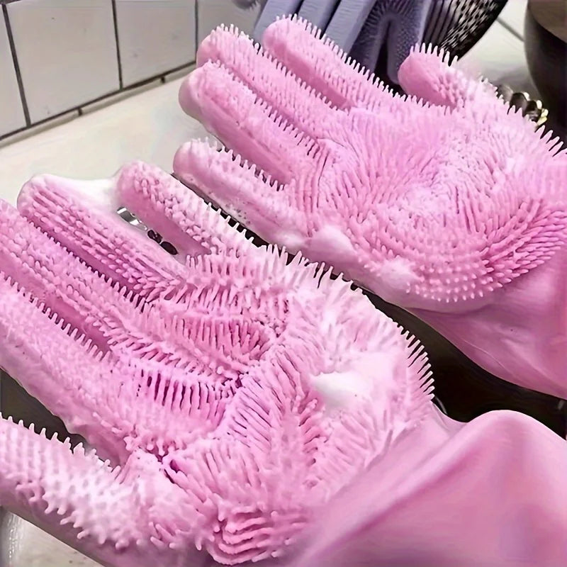 Silicone Dishwashing Gloves with Scrubber – Reusable Cleaning Gloves