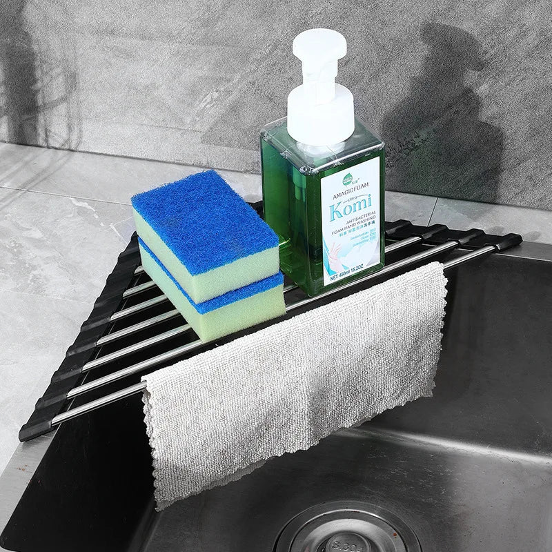 Roll-Up Corner Dish Drying Rack – Foldable Over Sink Organizer