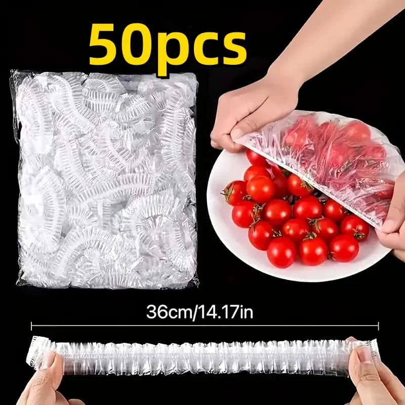 50pcs Reusable PE Elastic Food Covers - Stretchable Plastic Lids for Bread, Fruits, Snacks | Durable Transparent Seal
