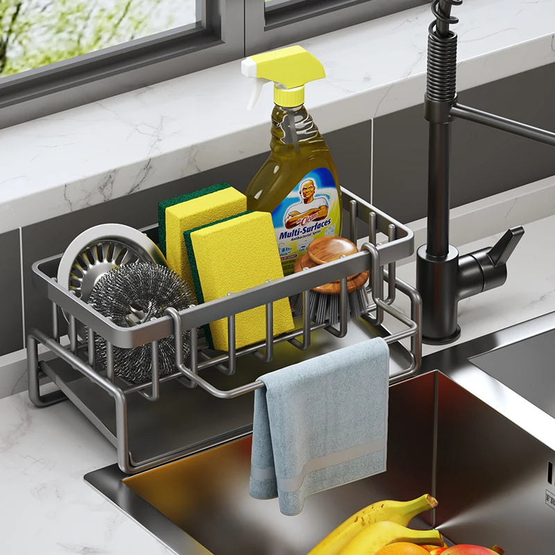 Sink-Mounted Kitchen Organizer Shelf – Drainage Sponge & Spice Storage Rack